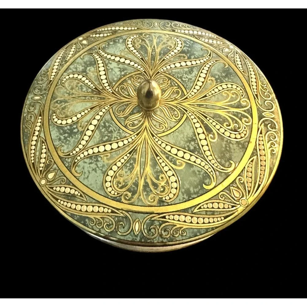 Vintage Daher Round Turquoise Gold White Mosaic Tin Brass Finial Made In England